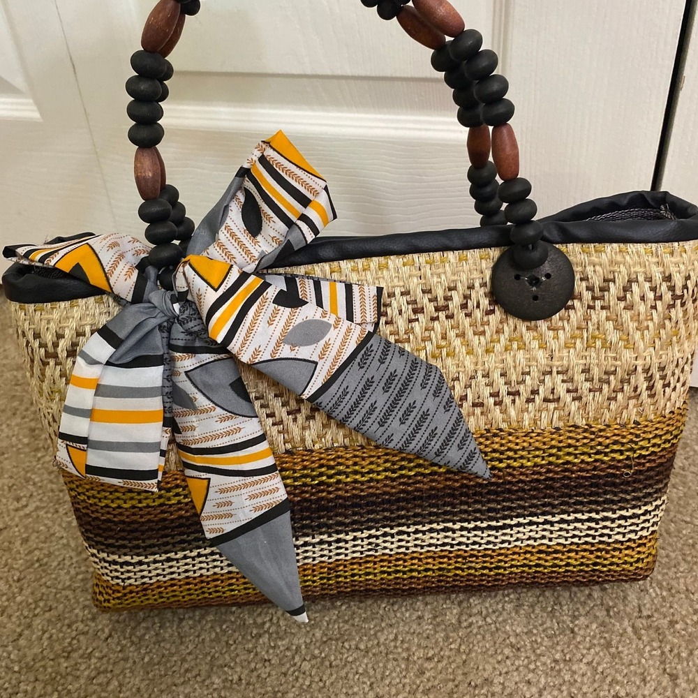 Vintage Hand-Woven Multicolored Straw Tote Bag with Wooden Bead Handles